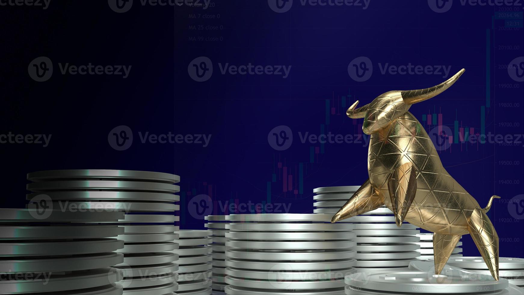 The gold bull and coins for business concept 3d rendering, Bangkok ,Thailand, 02-05-2021. photo