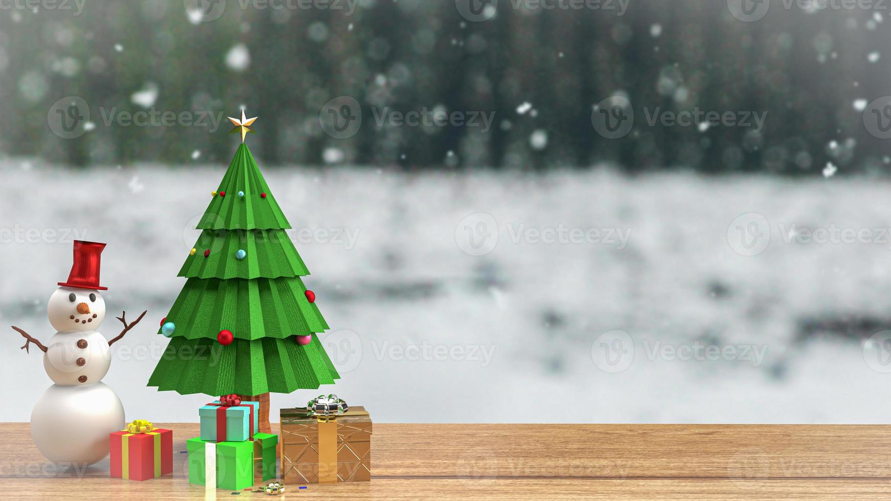 The Christmas tree and snow man on wood table for holiday celebration or  promotion business background 3d rendering photo