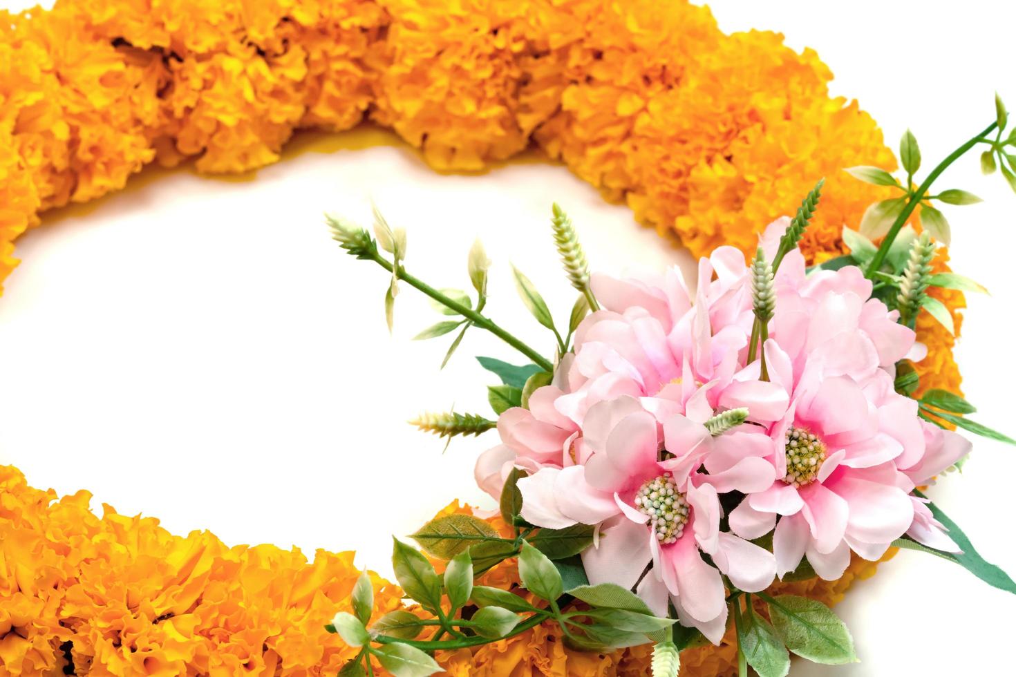 Yellow Marigold flowers wreath isolated on white background photo
