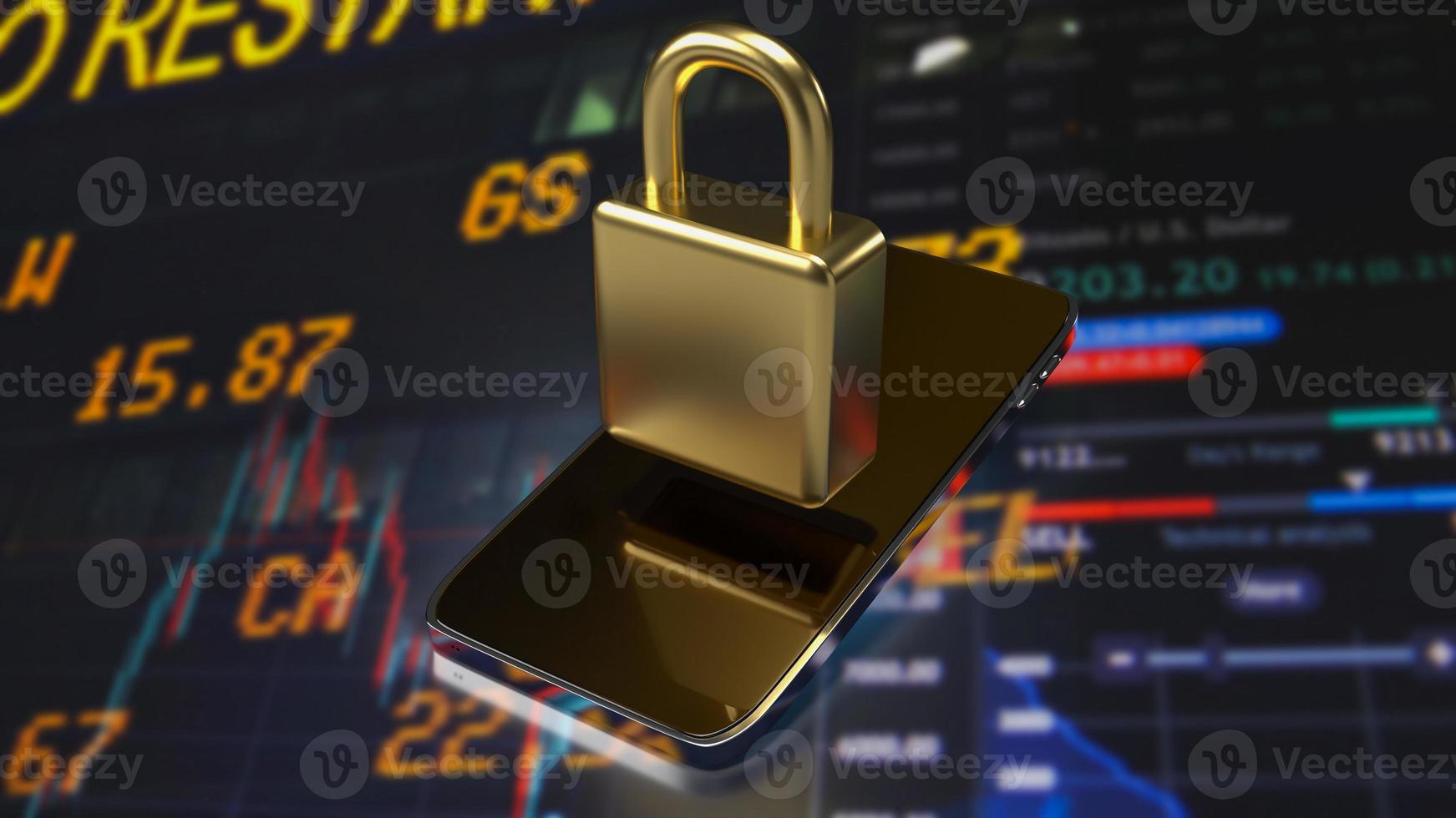 The golden lock on smartphone for security technology concept 3d rendering photo