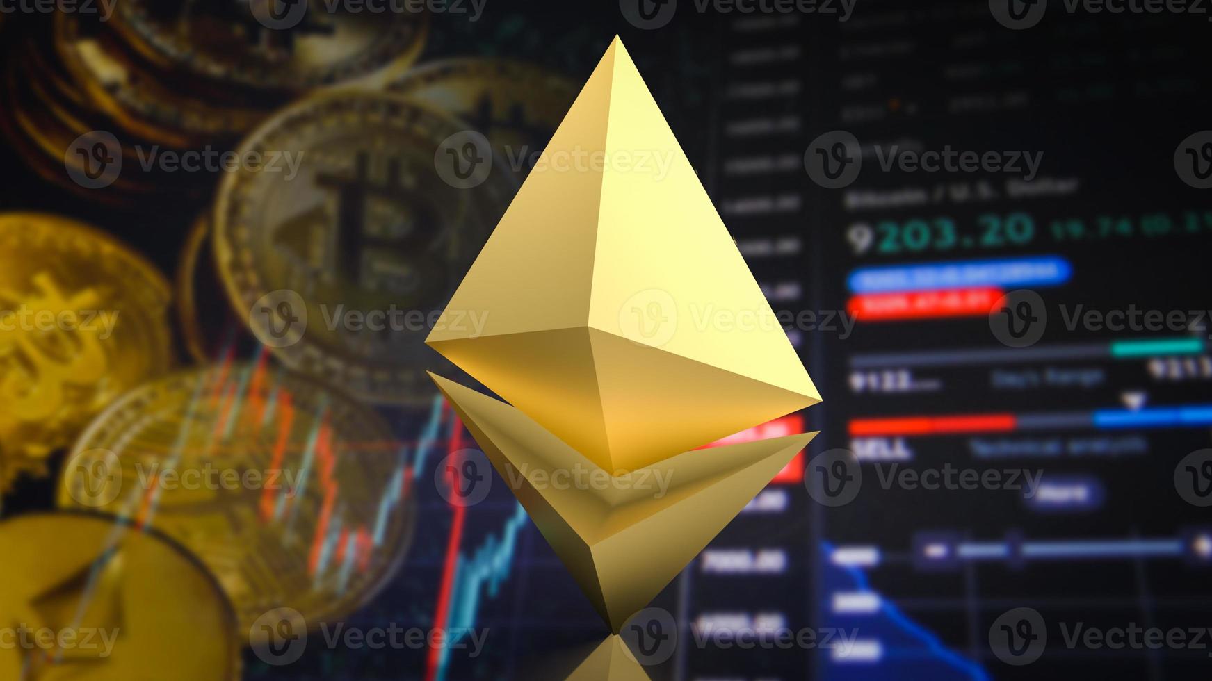 el símbolo de éter dorado en los antecedentes comerciales para el concepto de criptomoneda representación 3d foto