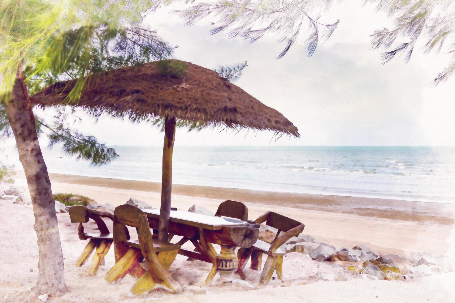 empty chairs and wooden umbrellas on a sandy beach ,watercolor digital painting style photo