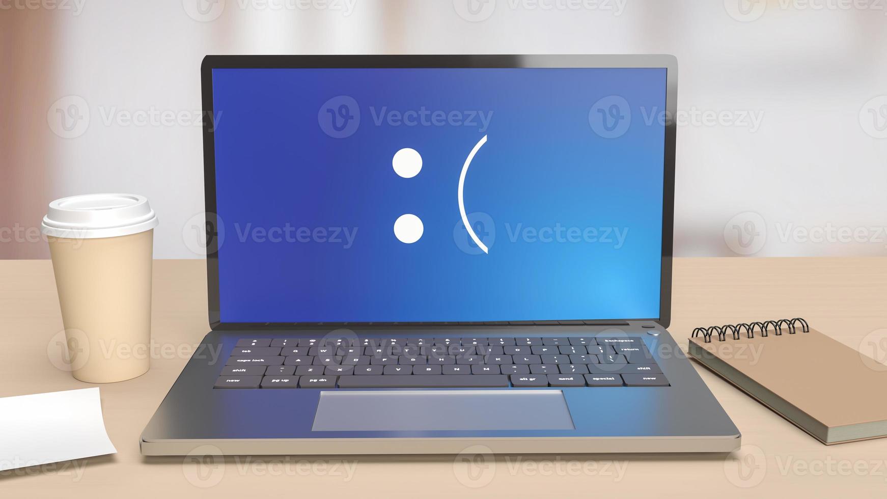 The laptop on wood table showing  blue screen error   3d rendering photo