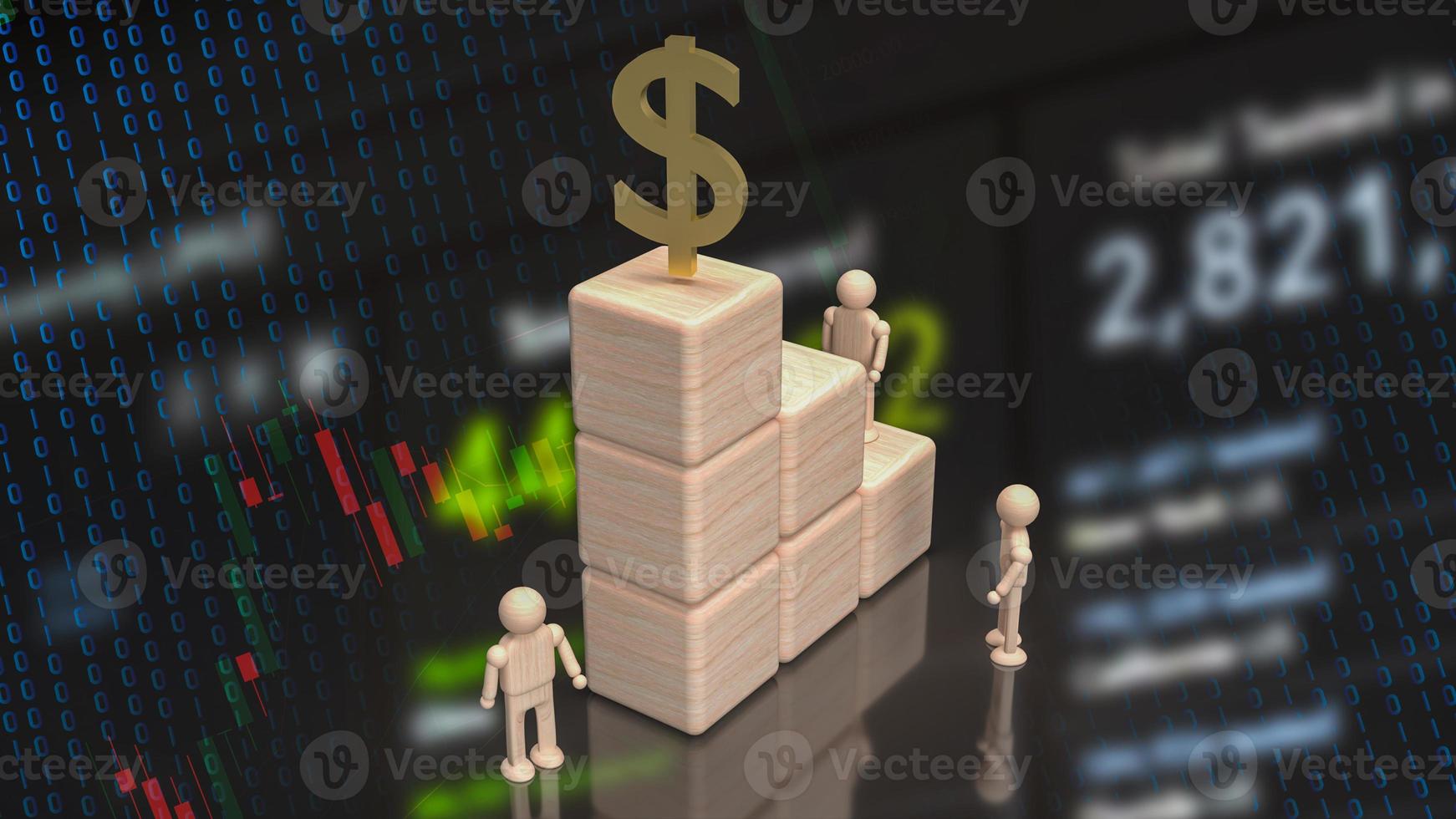 The gold dollar symbol and wood cube on business background 3d rendering photo