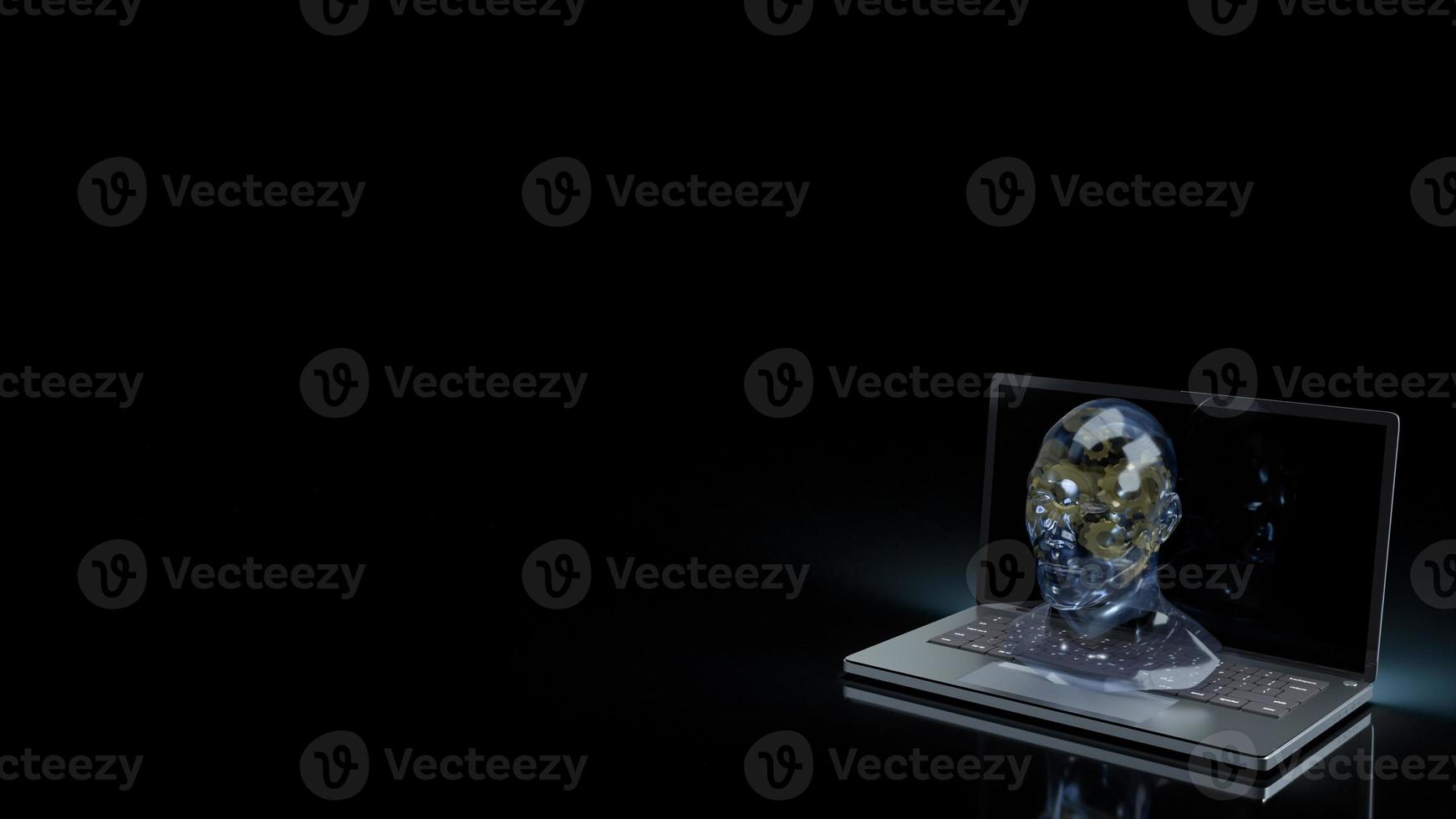 The human head crystal and gold gear inside on laptop  for machine learning or ai content 3d rendering photo