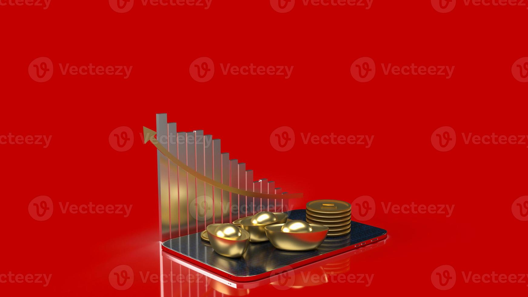 The  Chinese gold  and tablet on red background for business concept 3d rendering photo