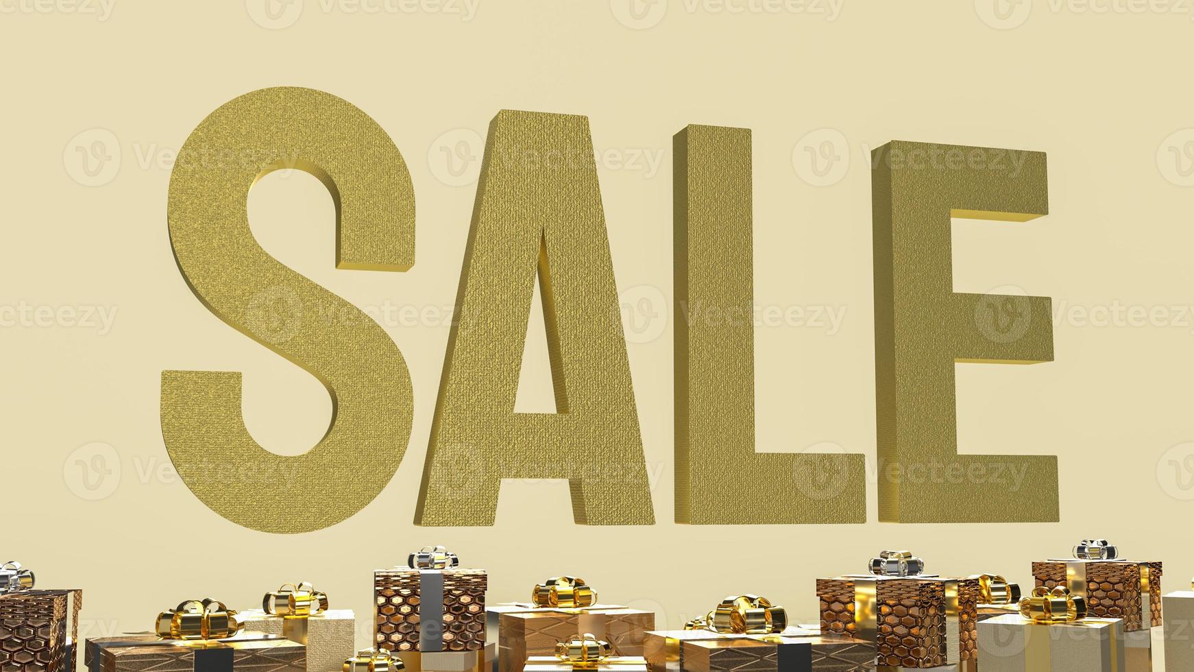 The sale gold text and gift box on  gold background 3d rendering photo