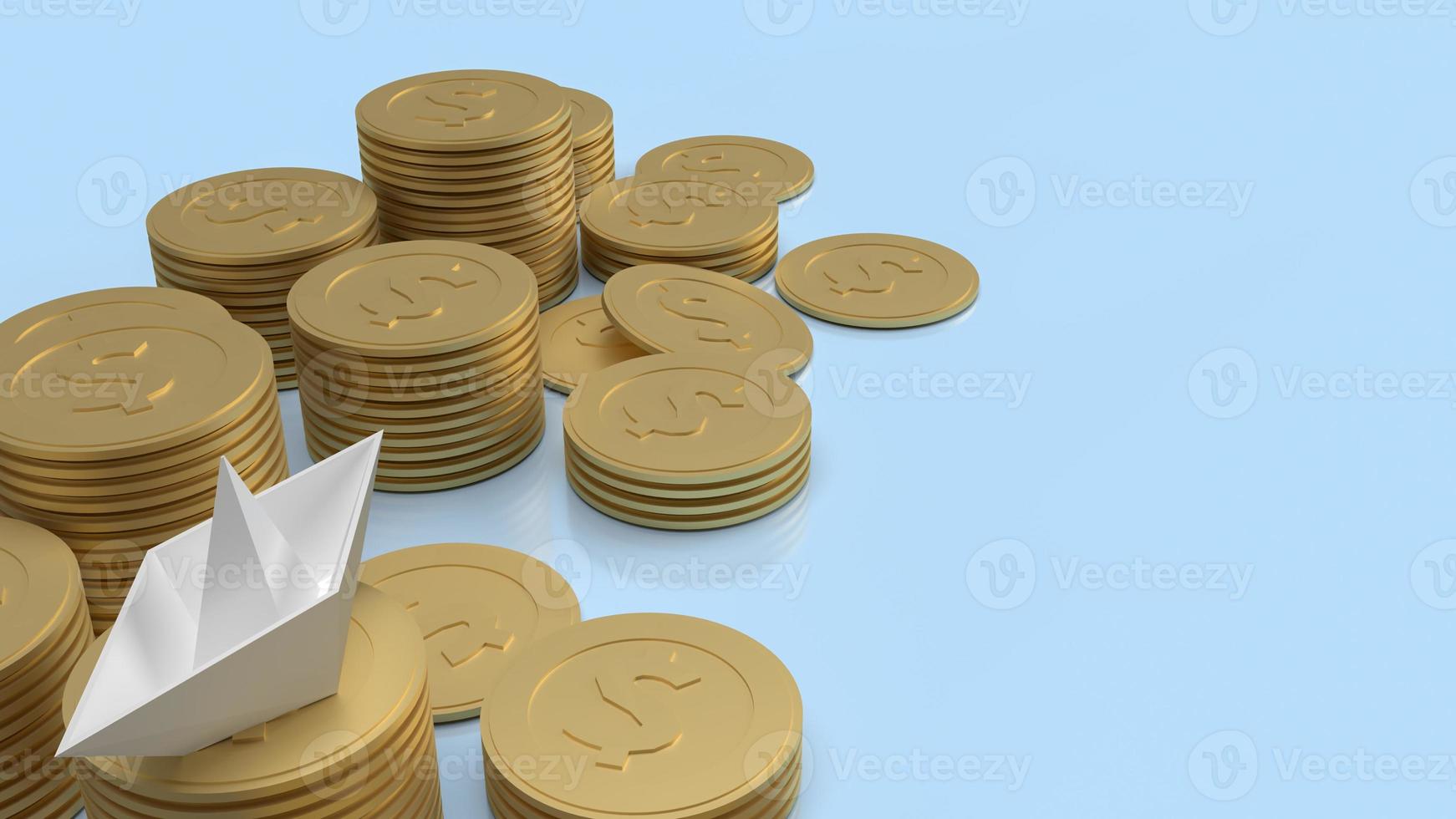 The white paper boat and gold coins on blue background for blue ocean content 3d rendering photo