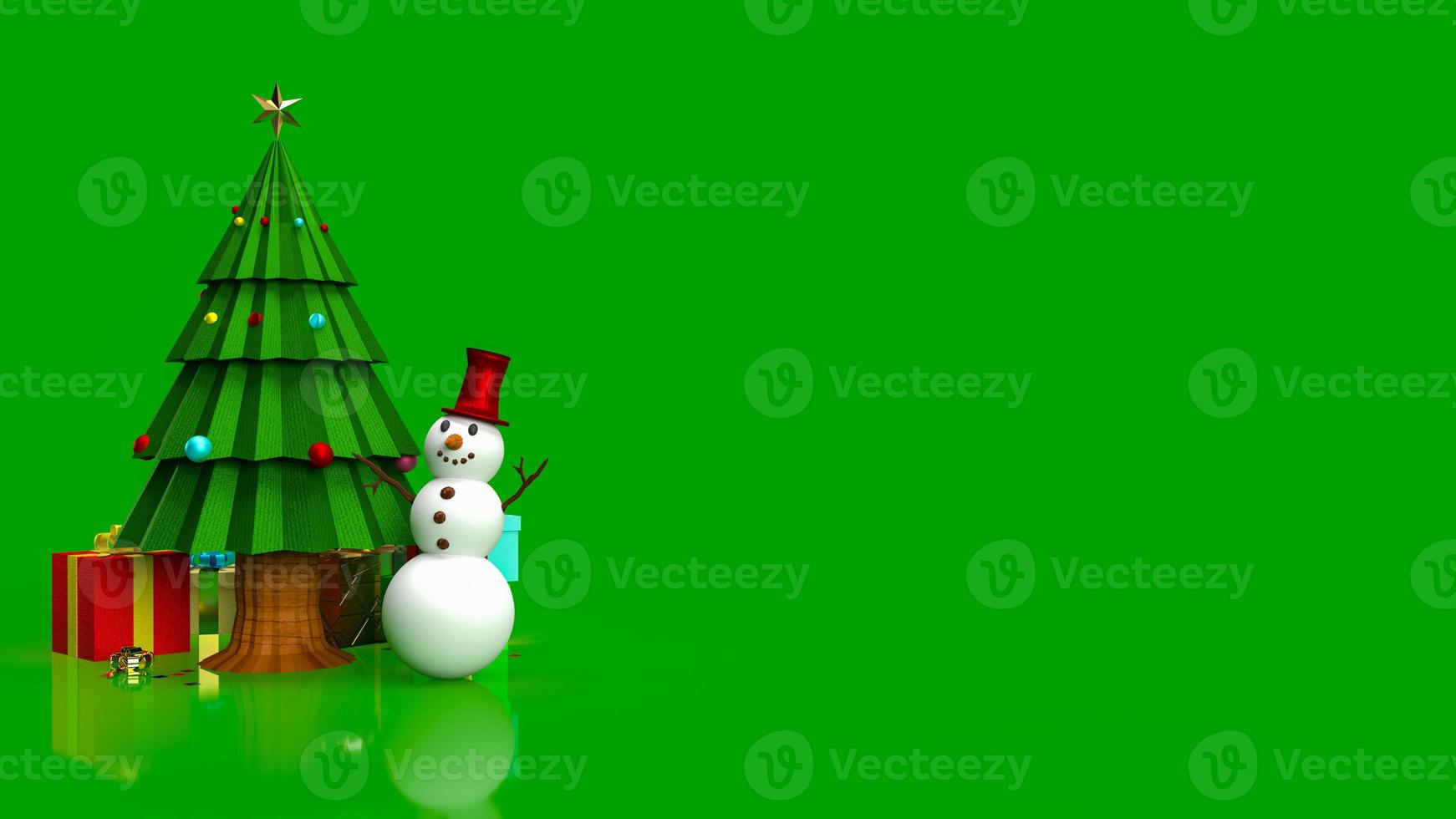 árbol de navidad y muñeco de nieve para celebración o concepto de vacaciones representación 3d foto