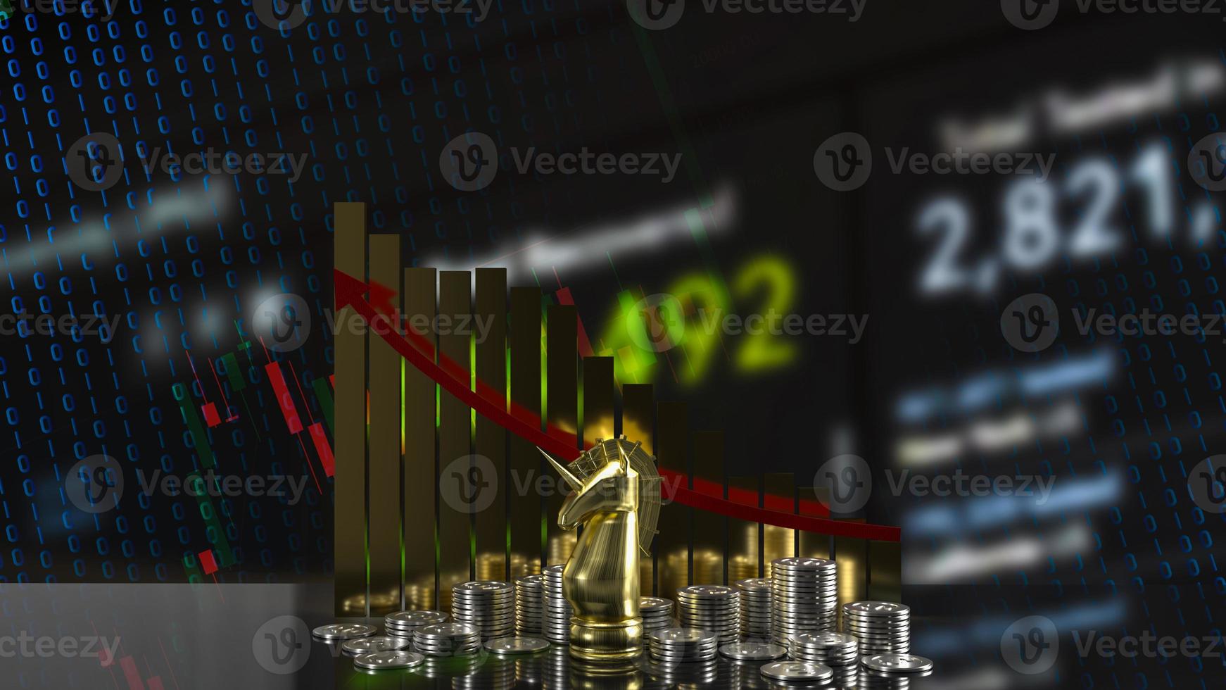 The gold  unicorn chess and business chart for start up concept 3d rendering photo