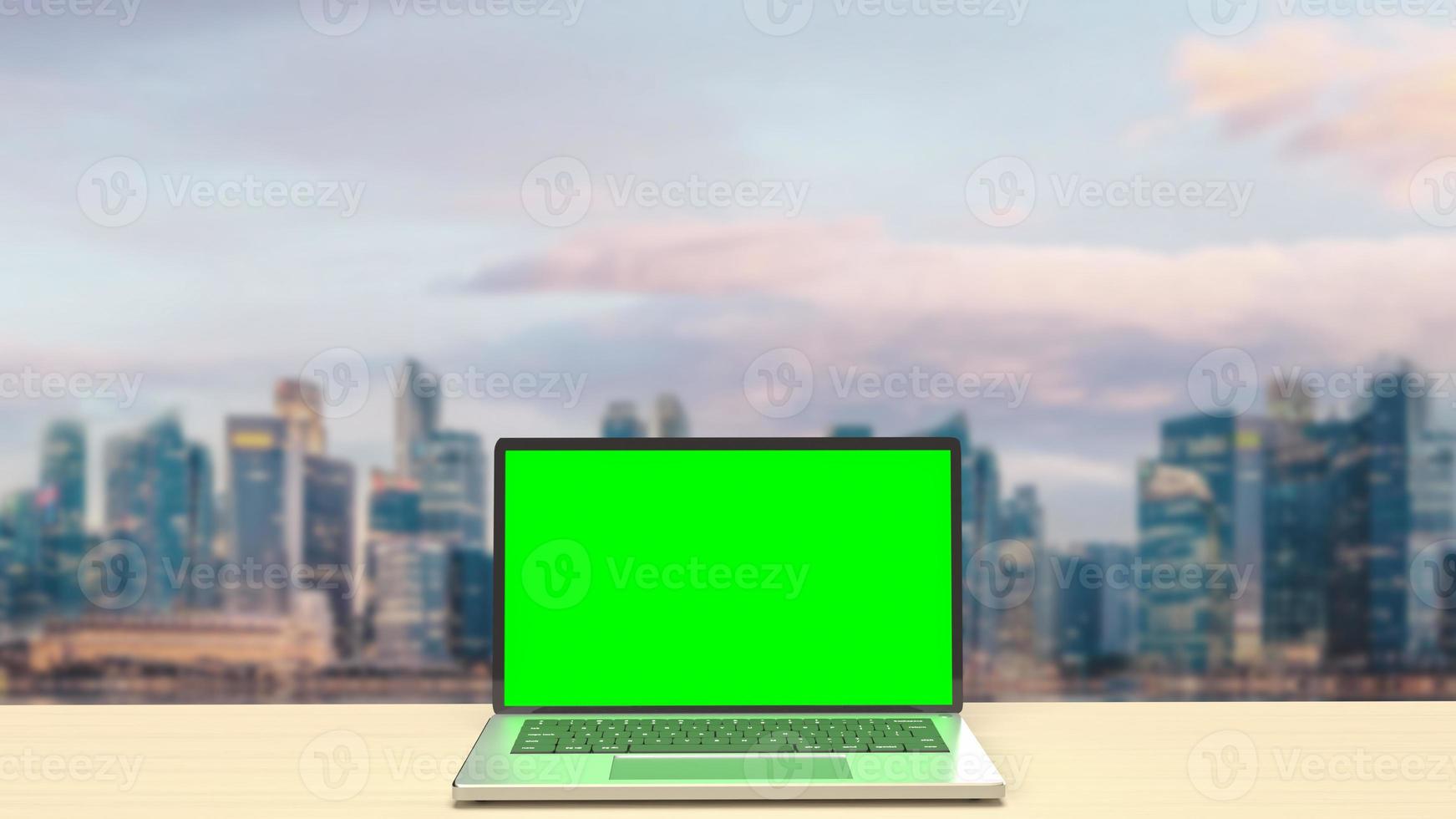 The notebook display green screen on rooftop building  for present concept 3d rendering photo