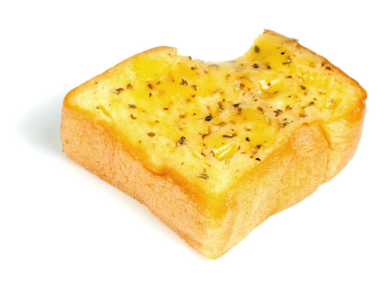 Bitten Garlic Bread with Cheese isolated on white background photo