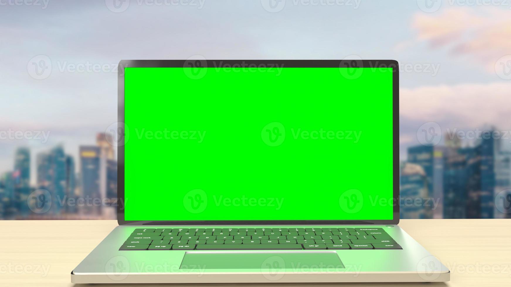 The notebook display green screen on rooftop building  for present concept 3d rendering photo
