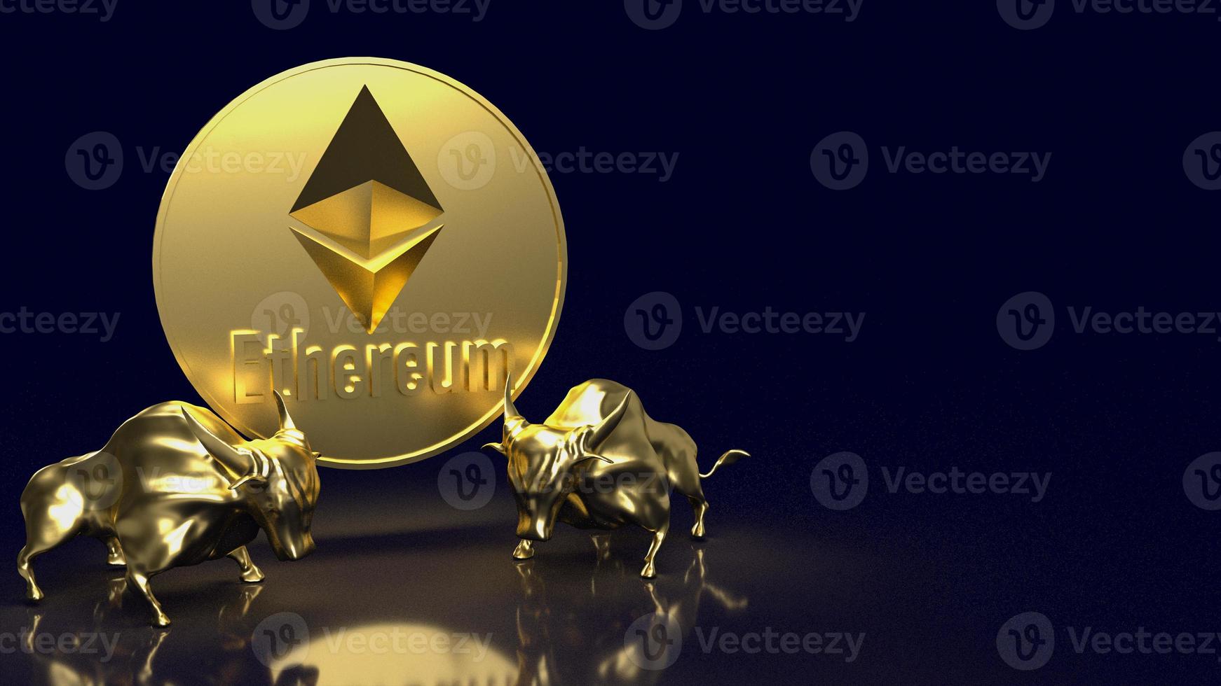 The gold bulls and ethereum coin image for crypto or business concept 3d rendering photo