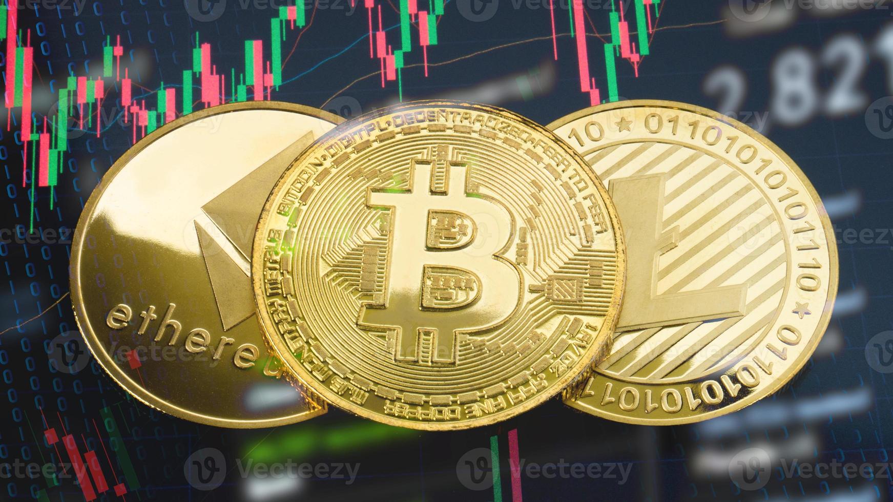 litecoin  bitcoin and Ethereum  coin on business chart for  cryptography or business concept photo