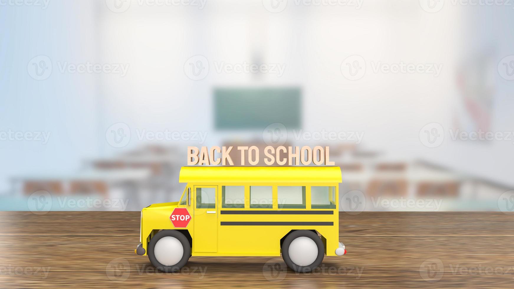 The schoolbus on wood table for back to school concept 3d rendering photo