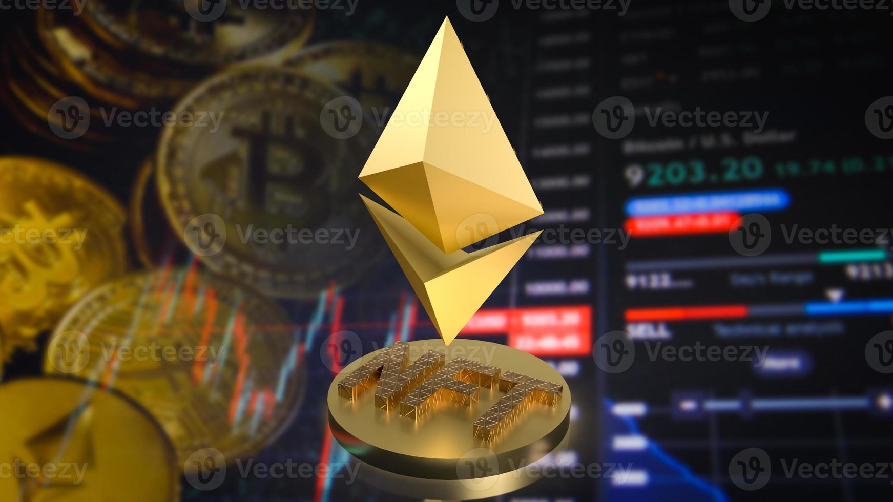 The gold etherium symbol on nft coin for cryptocurrency  concept 3d rendering photo
