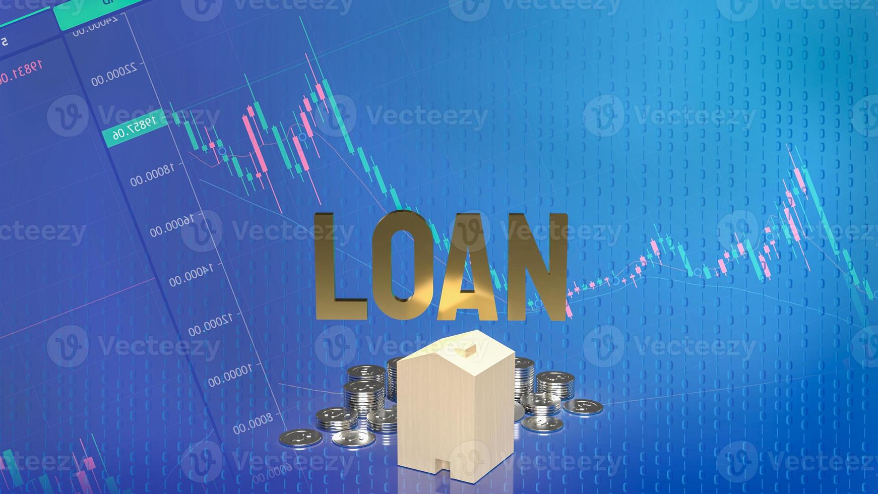 The loan text  gold coins and wood house on business chart background  for business concept 3d photo