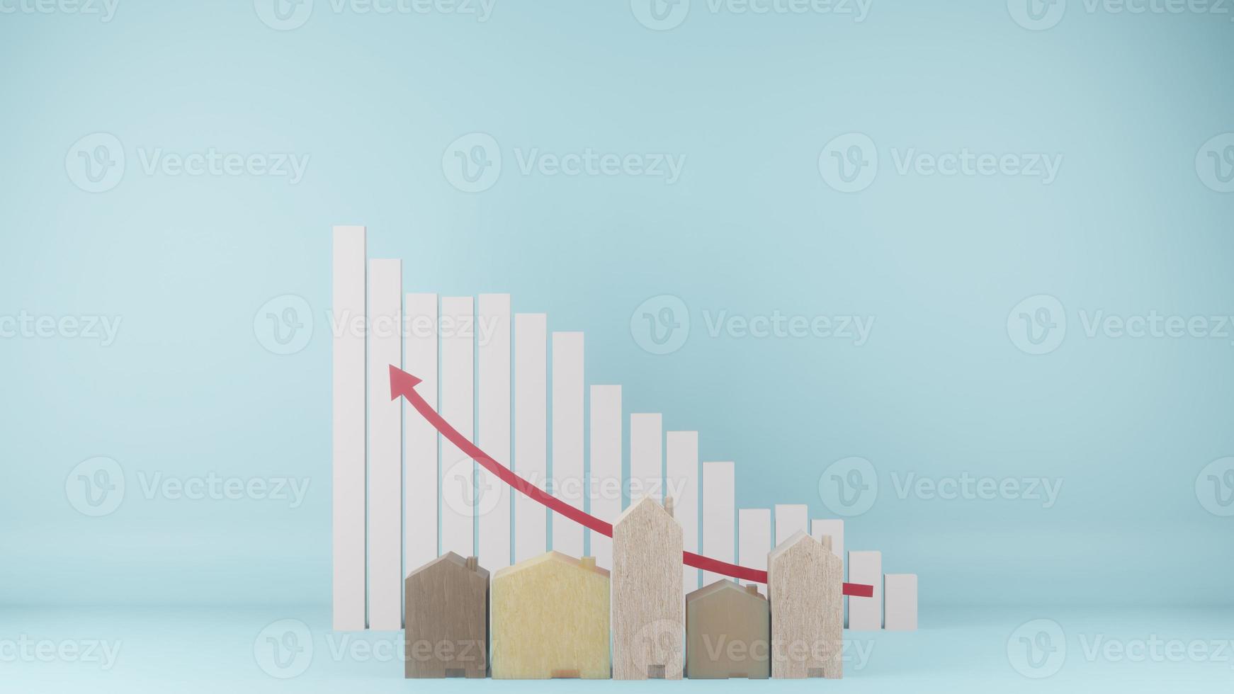el juguete de casas de madera de varios tamaños y la flecha del gráfico hacia arriba en la representación 3d de fondo de color azul foto