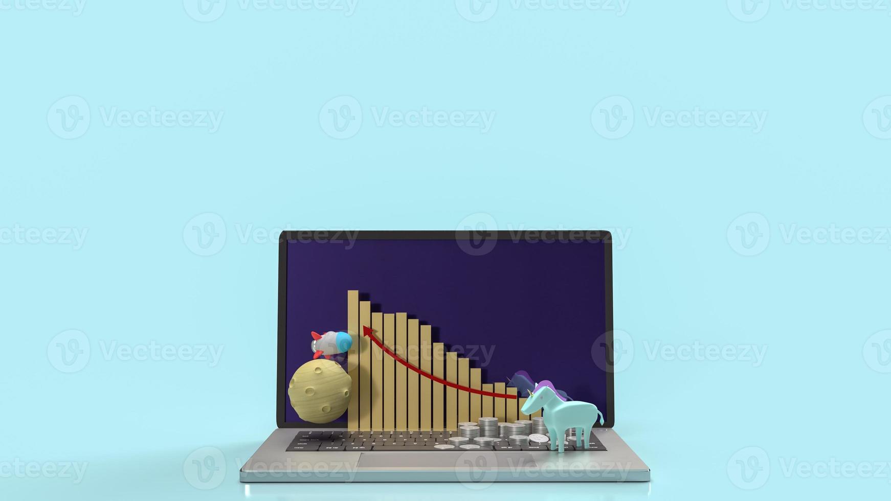 The unicorn and rocket on notebook for startup content 3d rendering. photo