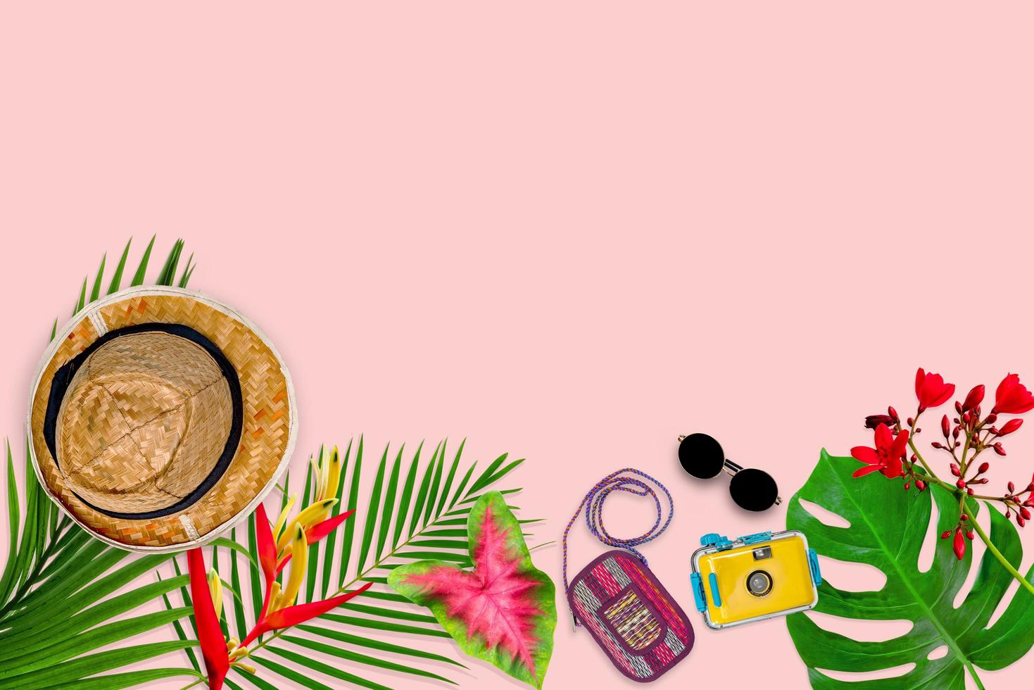 accessories composition for summer concept with tropical palm leaves on pastel pink background, top view and copy space photo