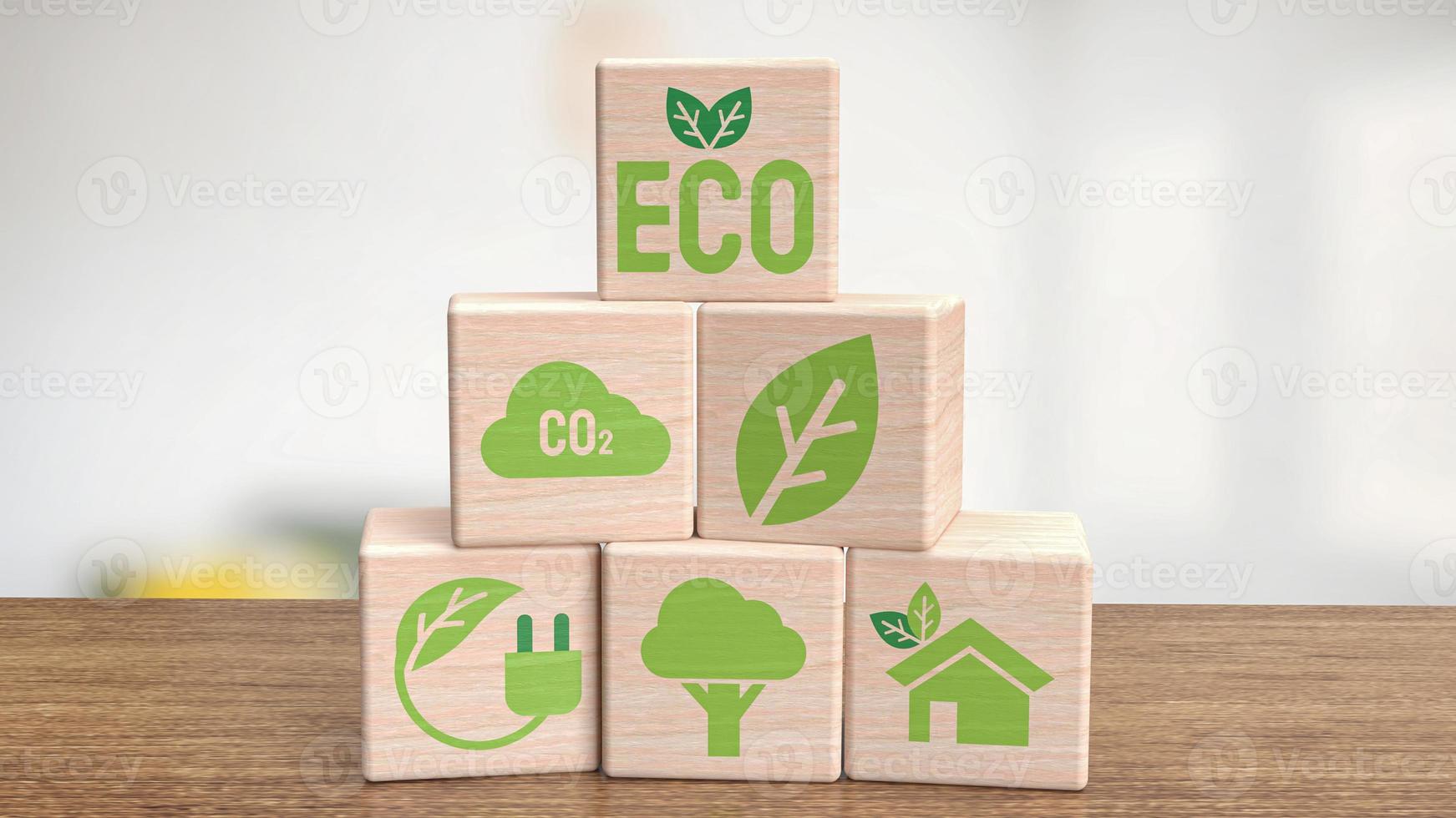 el icono de la ecología en el cubo de madera para la representación 3d del concepto ecológico o natural foto