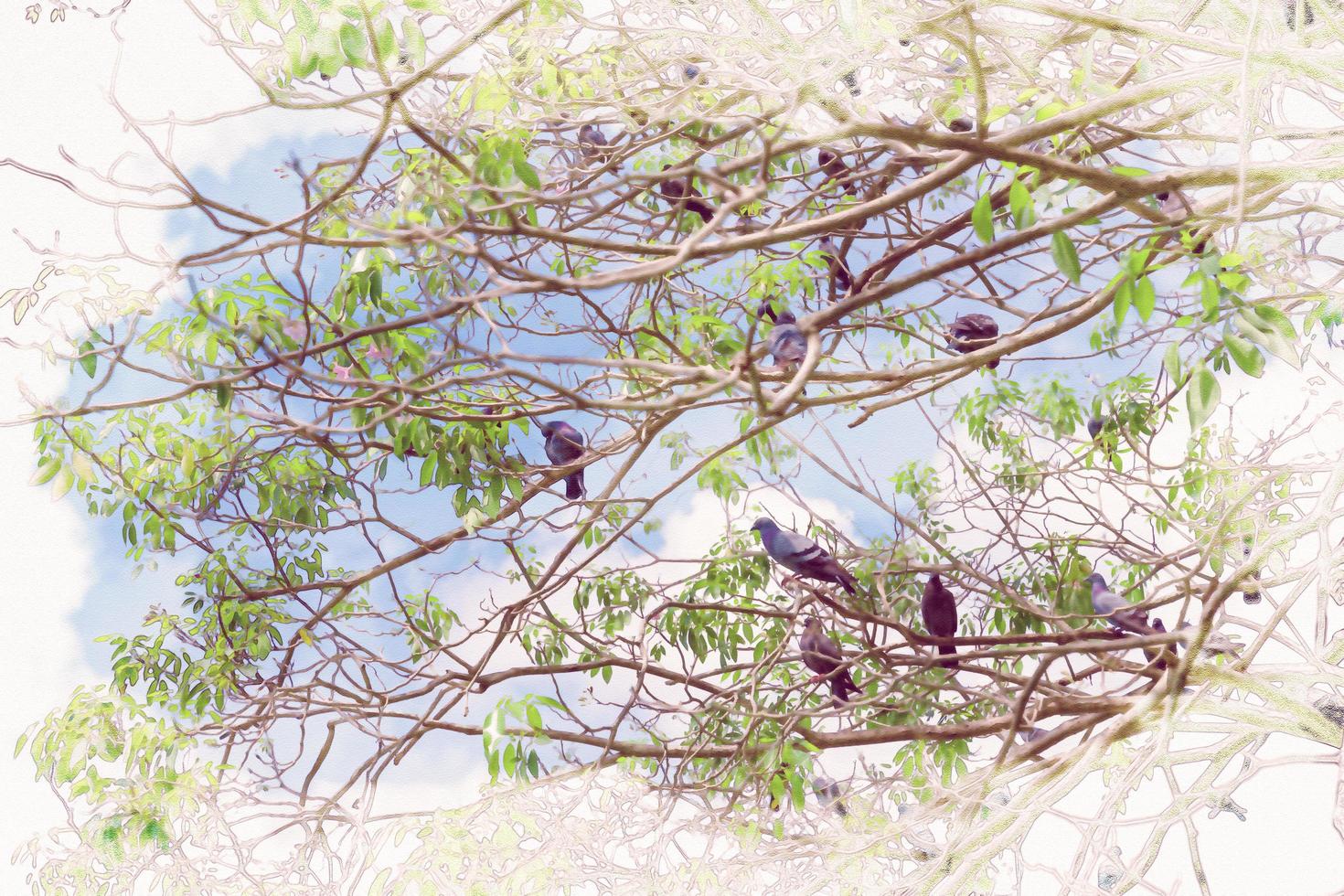 Herd of pigeons on the tree ,watercolor digital painting style photo