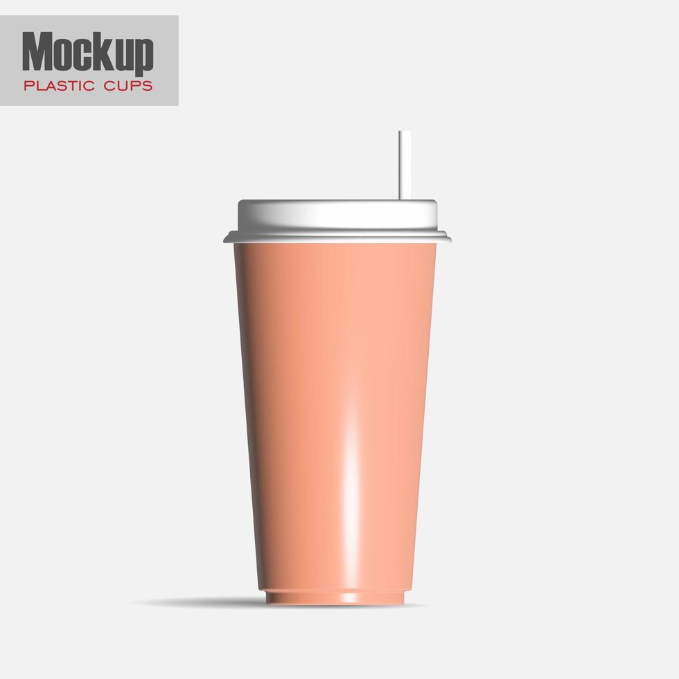 White plastic disposable cup with lid for cold beverage - soda, ice tea or coffee, cocktail, milkshake, juice. 450 ml. Realistic packaging mockup template. 3d illustration photo