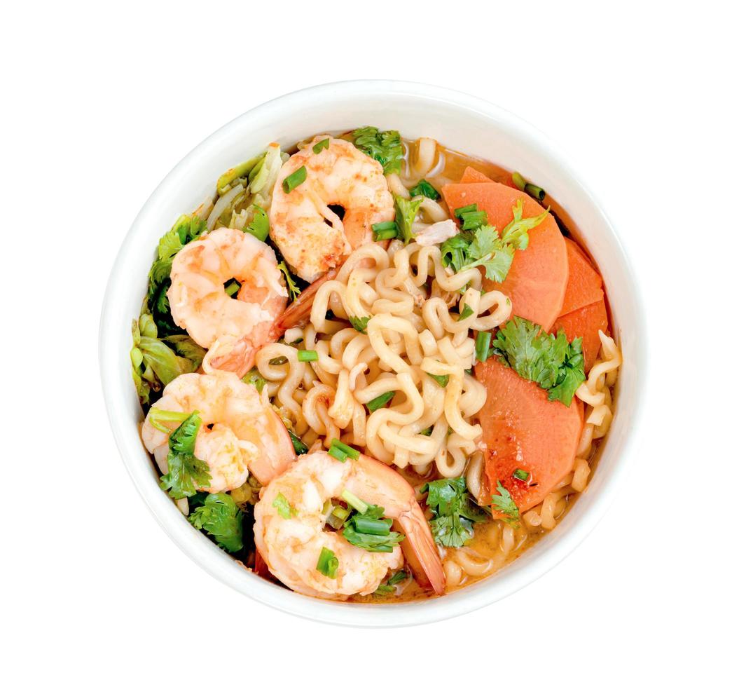 Tom Yum kung with instant noodles and shrimp isolated on white background ,include clipping path photo