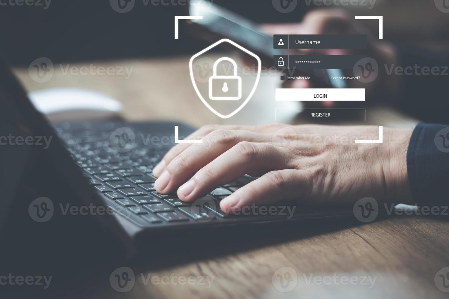cyber security concept man's hand using a smartphone to the system through the fingerprint scanner Store data into online Cloud Data storag for security. photo