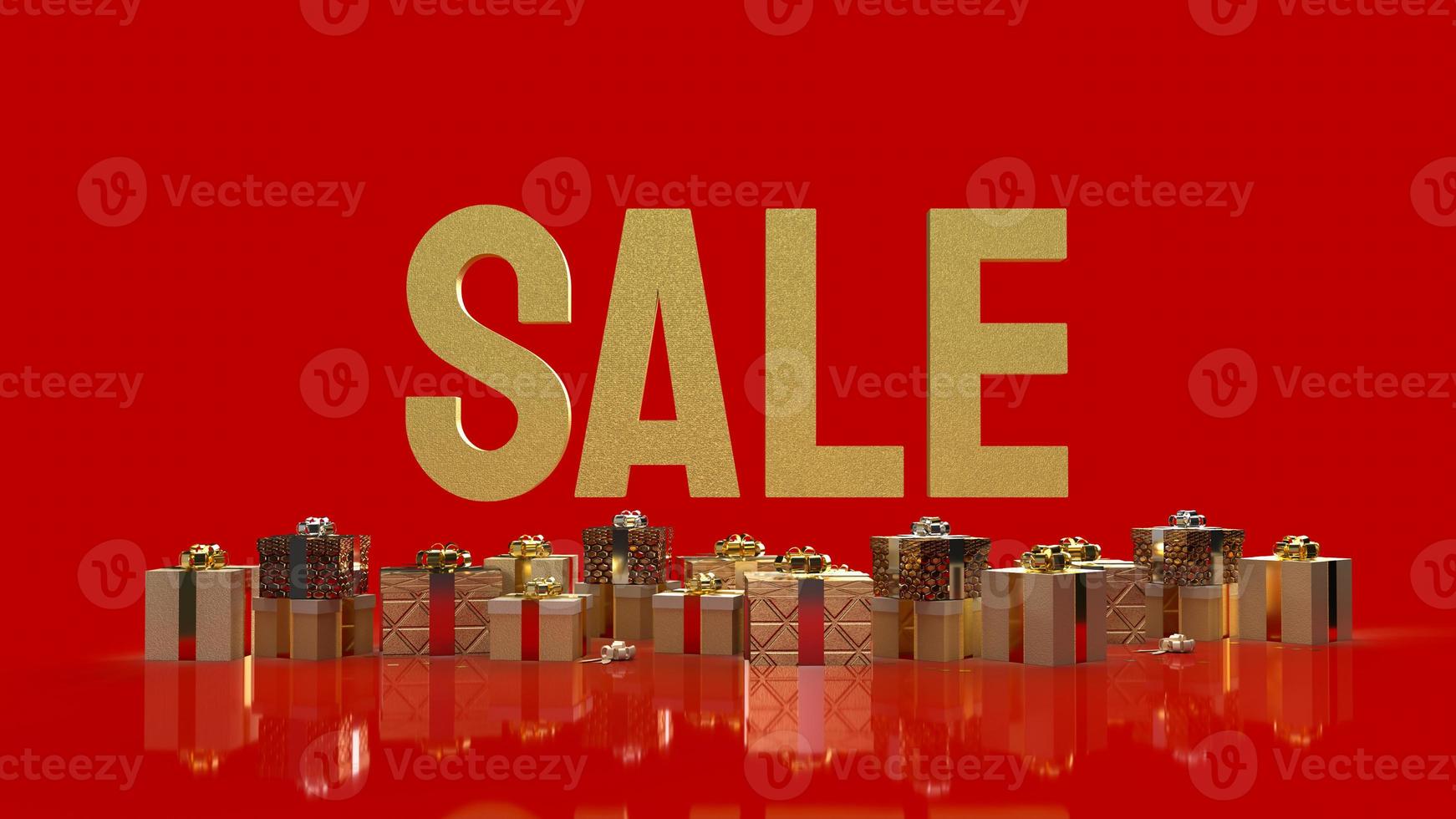 The sale gold text and gift box on red background 3d rendering photo