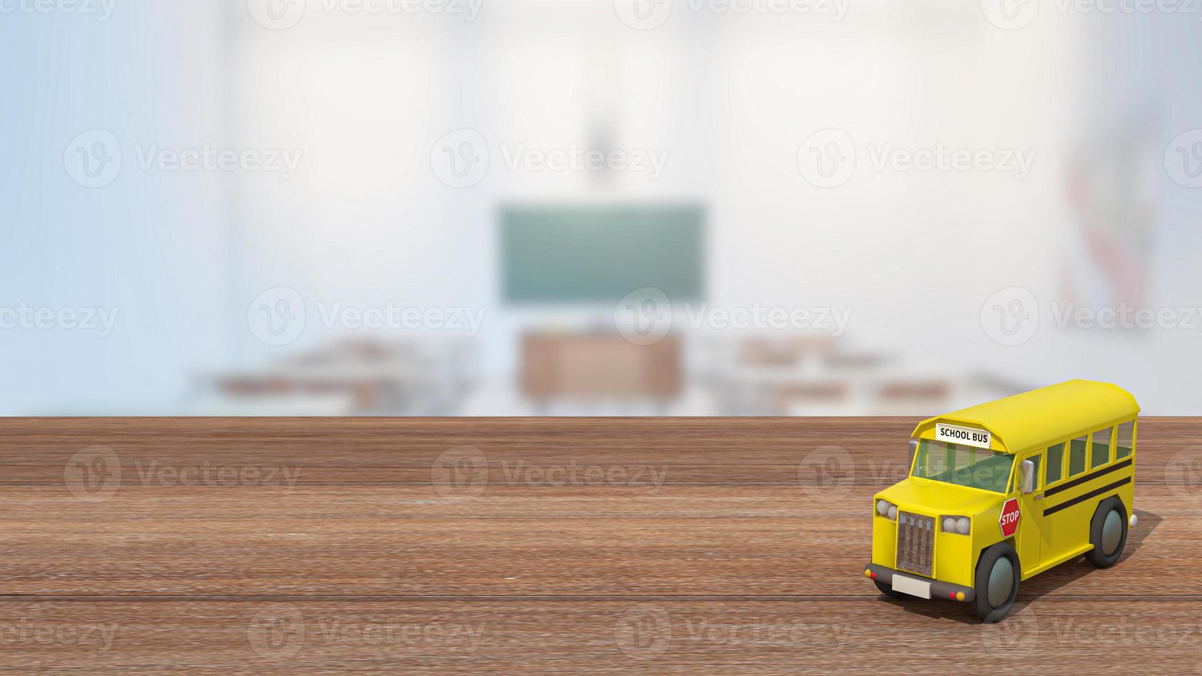 The schoolbus on wood table in classroom for back to school or education concept 3d rendering photo