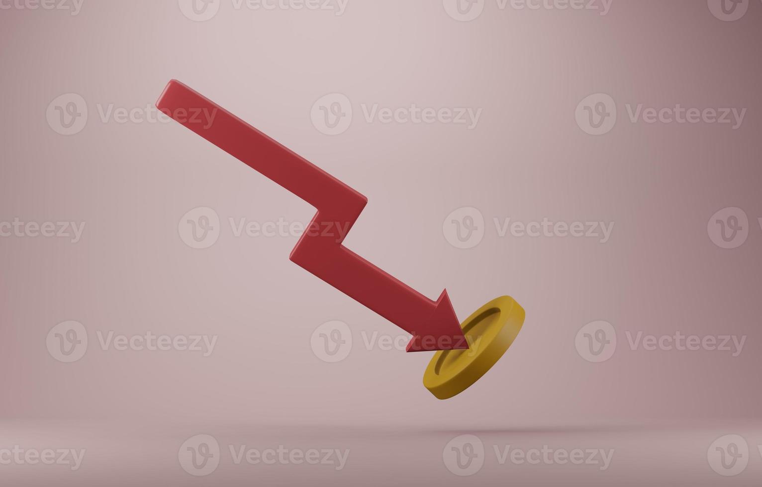 Red down arrow hitting coin, financial crisis, decrease in value of money due to inflation or recession, stock market crash concept, 3d illustration. photo