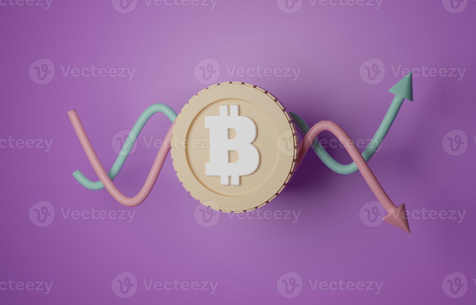 Bitcoin with red and green arrow graphs, fluctuation in cryptocurrency, bitcoin risk and uncertainty concept, 3D illustration. photo