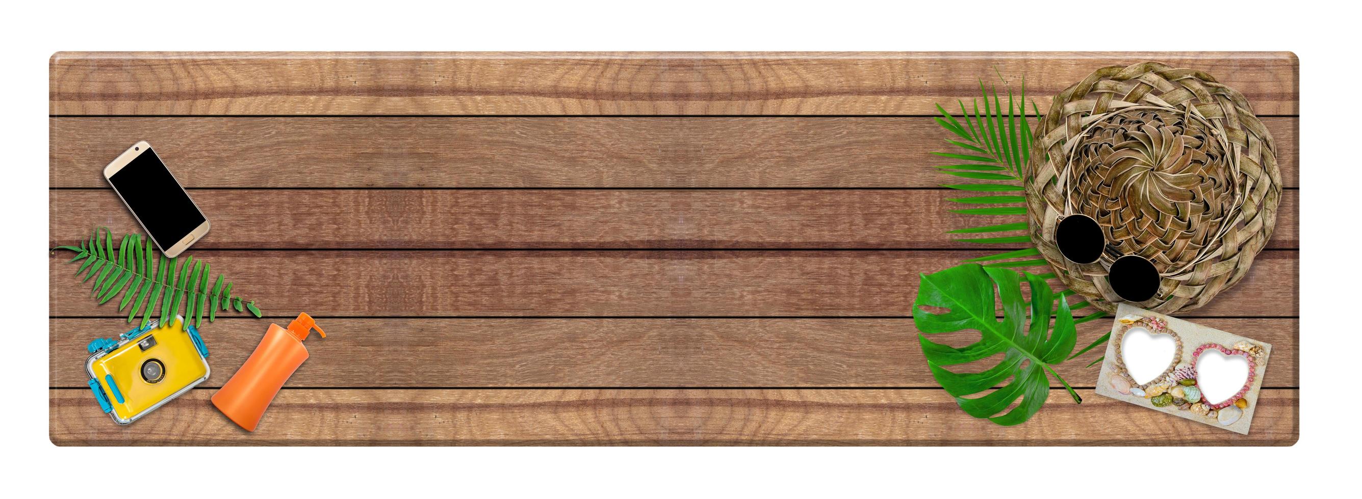 wooden long table with accessories composition for summer concept and tropical palm leaves on wood background, top view and copy space photo