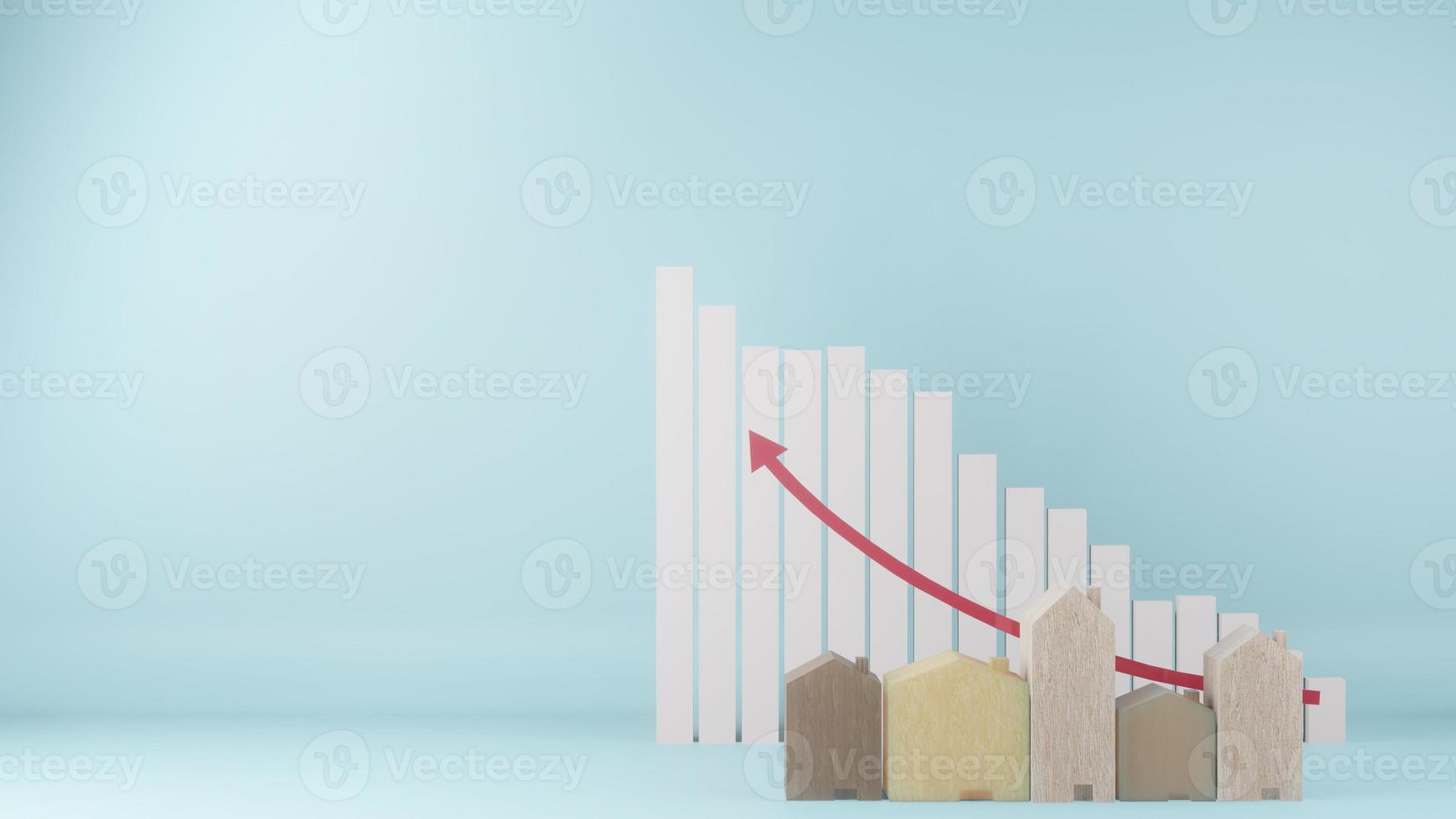 The  multi size  wooden homes toy and chart arrow up on blue colour background 3d rendering photo