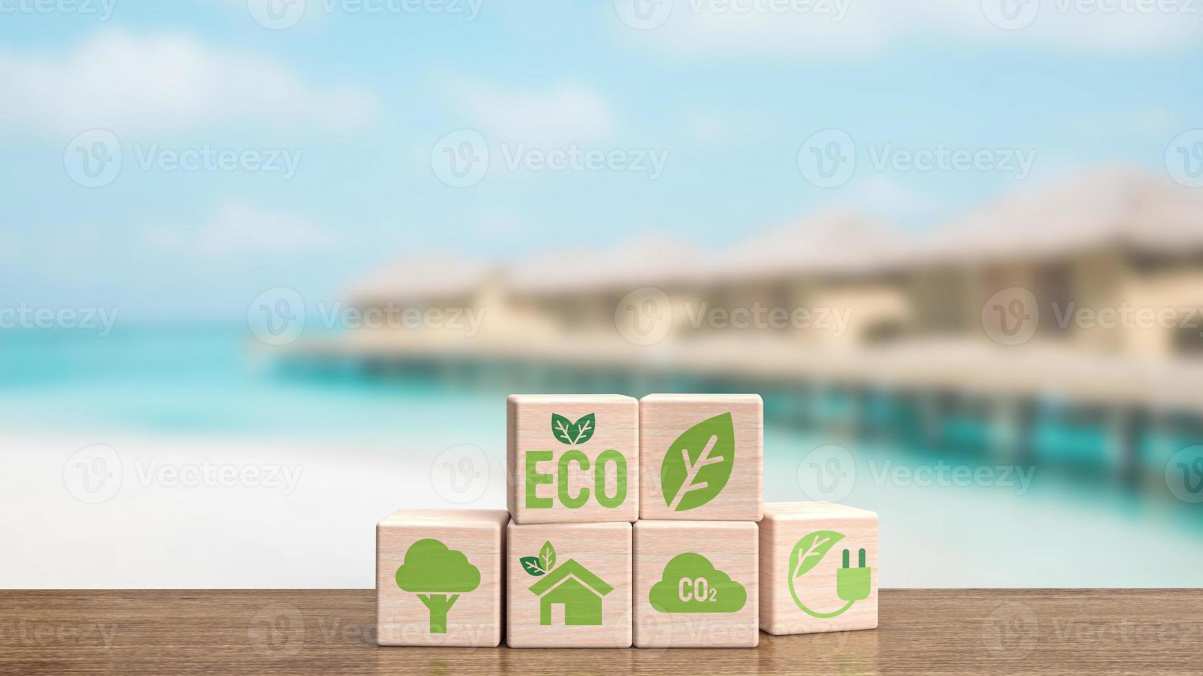 The ecology icon on wood cube for eco or natural concept 3d rendering photo