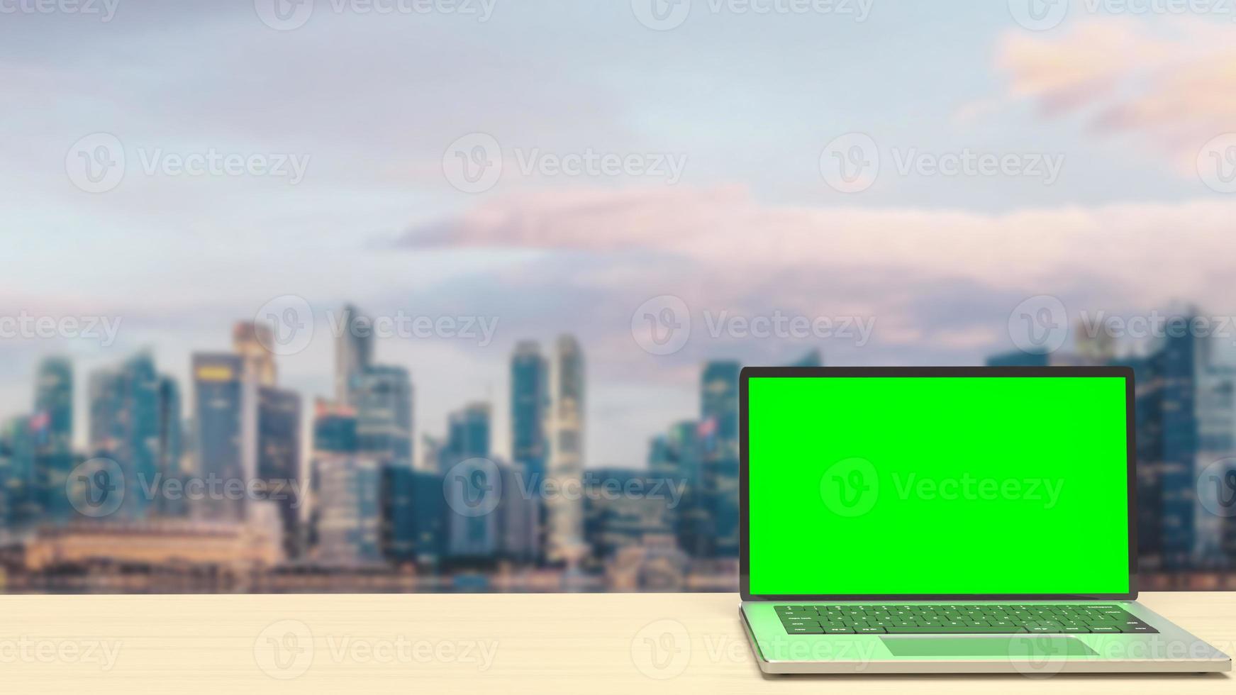 The notebook display green screen on rooftop building  for present concept 3d rendering photo