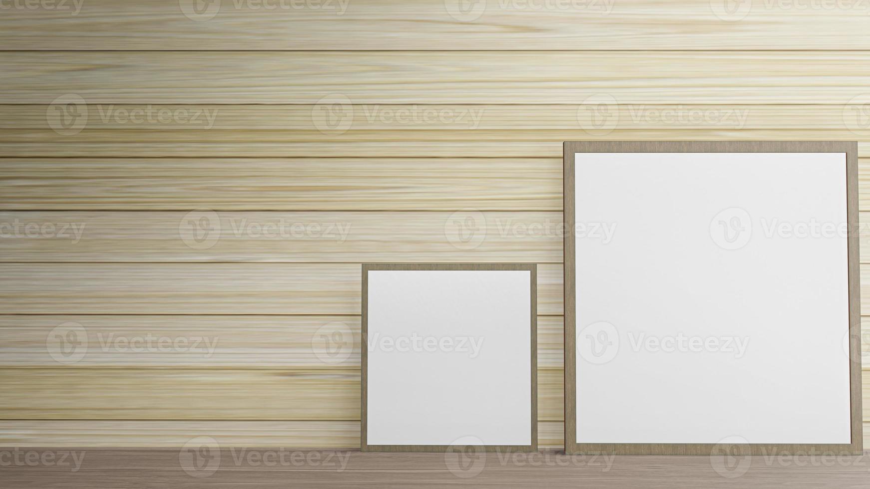 el marco de imagen en blanco en la pared de madera para la representación 3d de contenido de fondo. foto