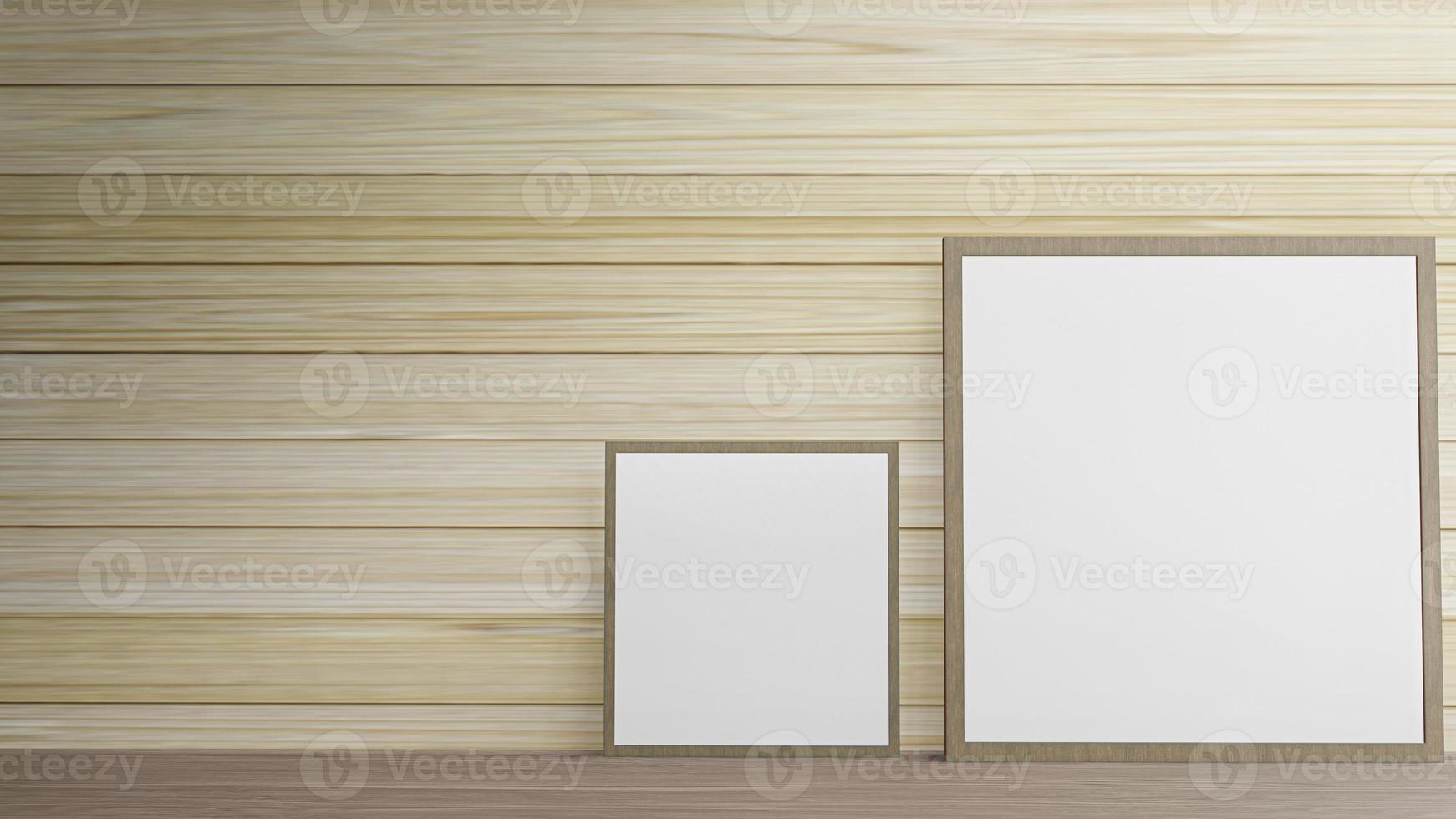 The blank picture frame on wood wall for background content 3d rendering. photo