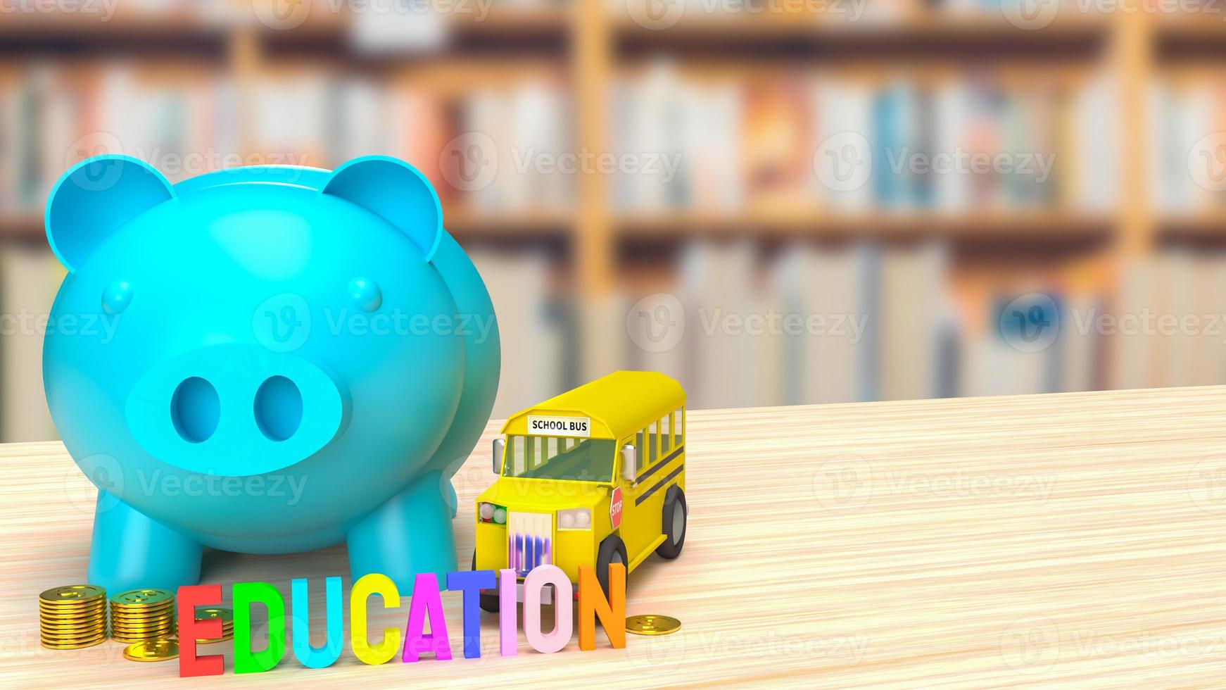 The blue piggy bank and school bus image for saving to education 3d rendering photo