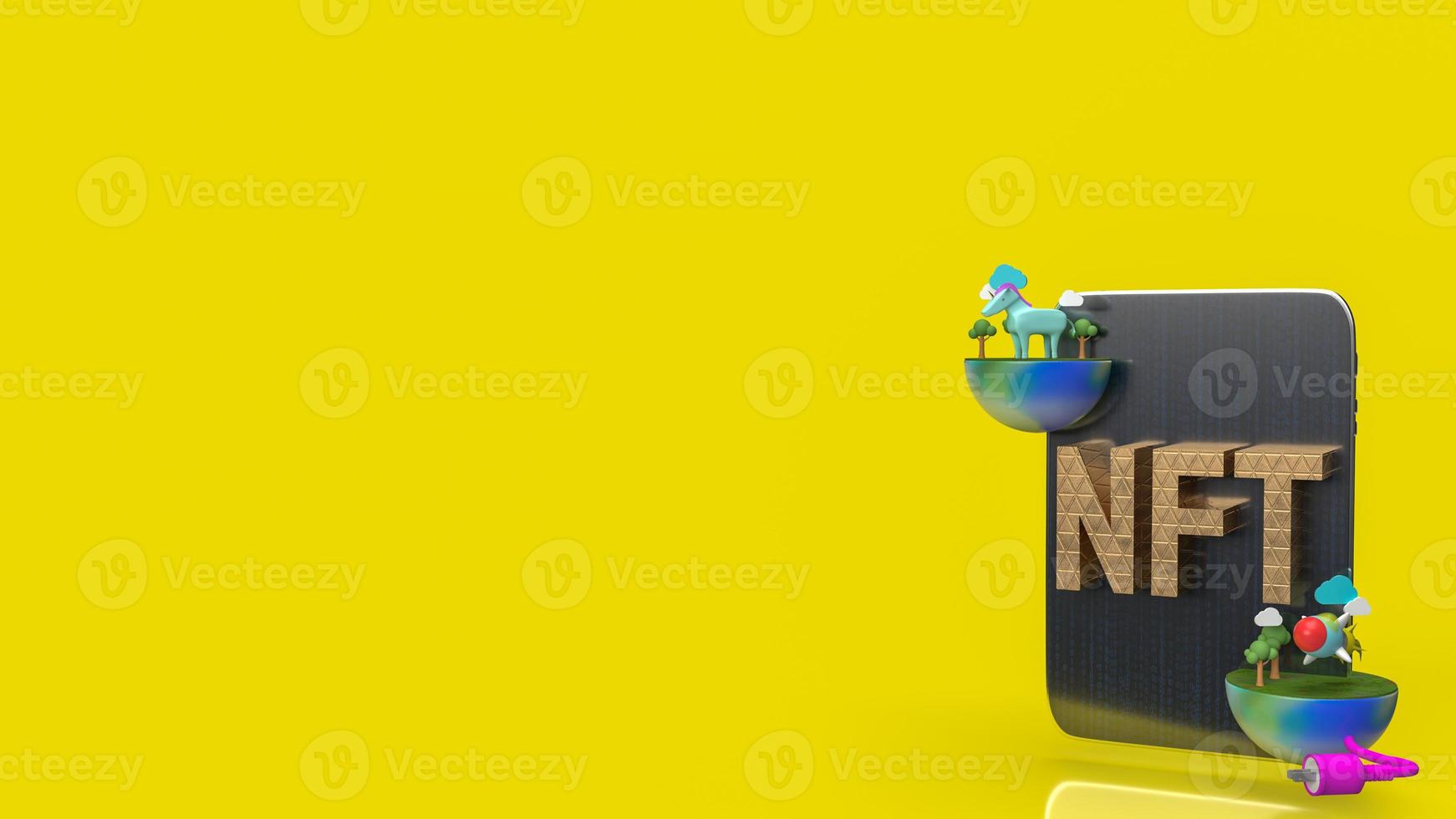 The gold nft text on tablet  yellow background  3d rendering photo