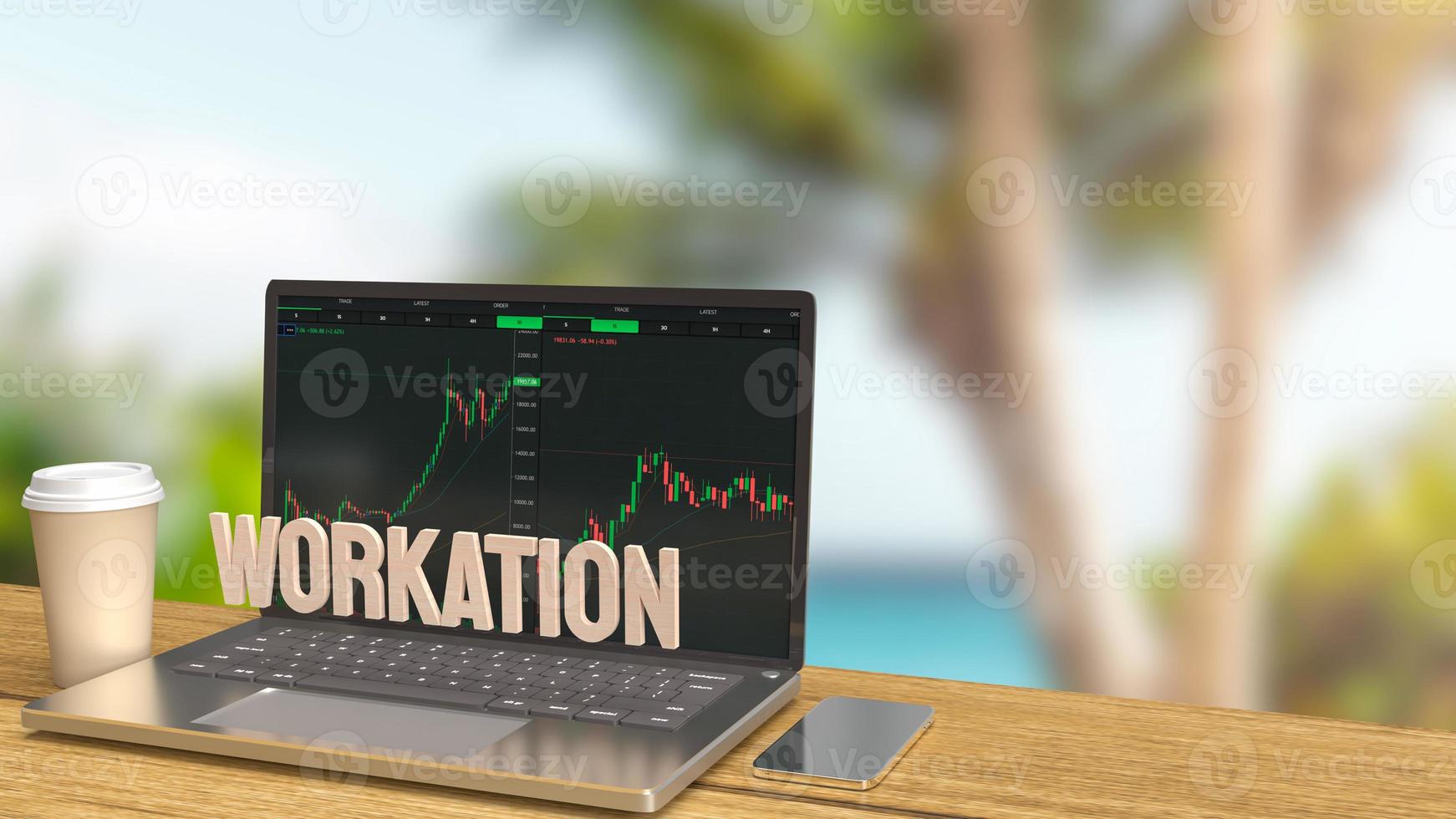 laptop on wood table working outdoor for workation  concept 3d rendering photo