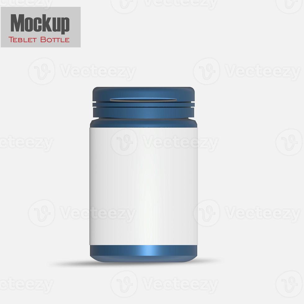 White matte plastic bottle with snap hinge push cap for pills pills packaging template realistic image mockup with sample design, front view, 3D illustration. photo