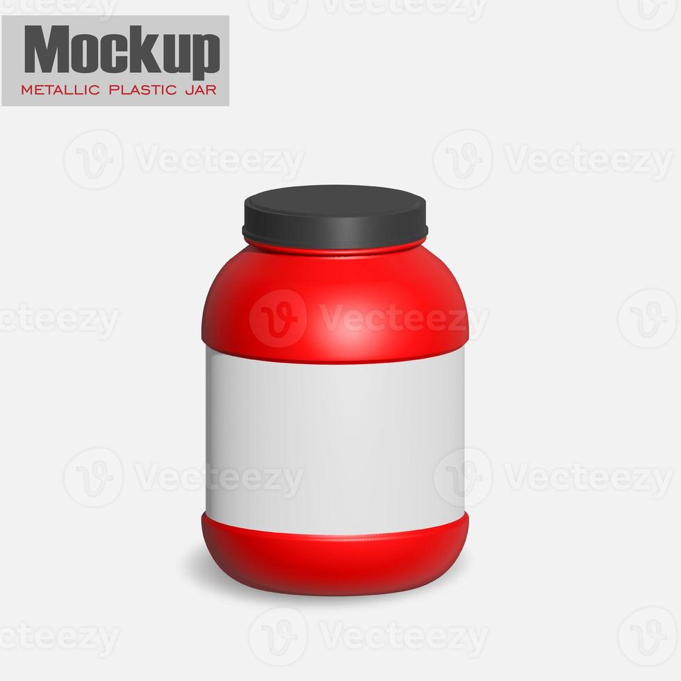 White metallic plastic jar with lid and label for protein, mass gainer, powder, pills. Photo-realistic packaging mockup template with sample design.  3d illustration. photo