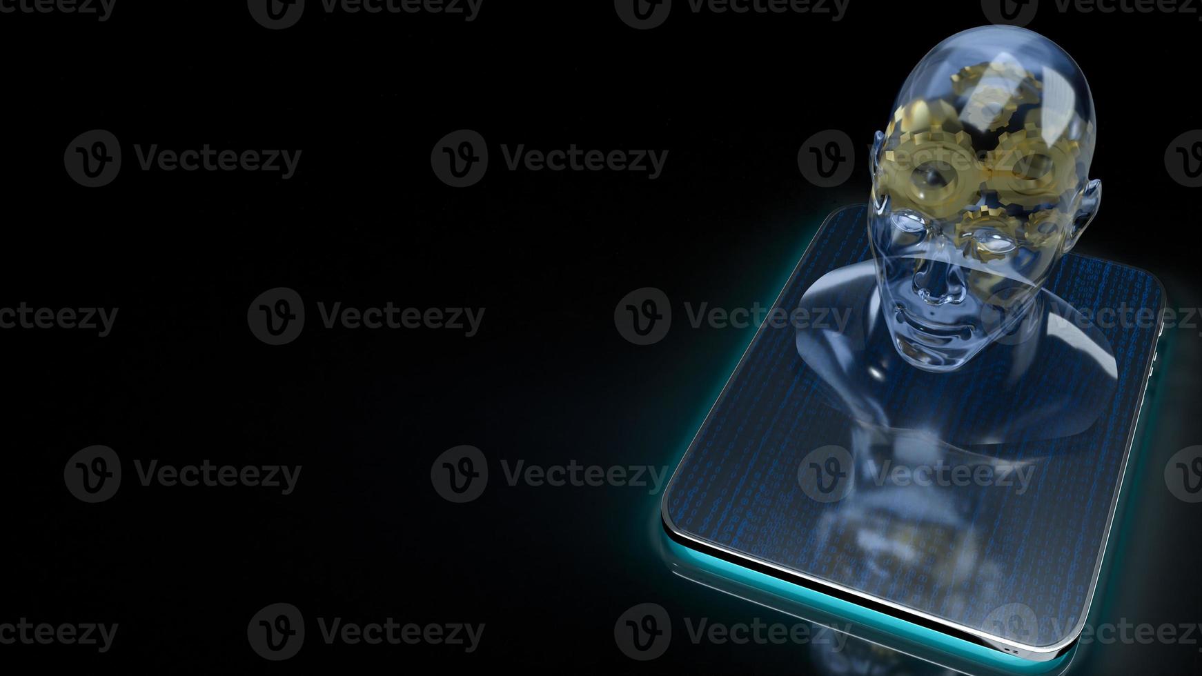 The human head crystal and gold gear inside on tablet  for machine learning or ai content 3d rendering photo