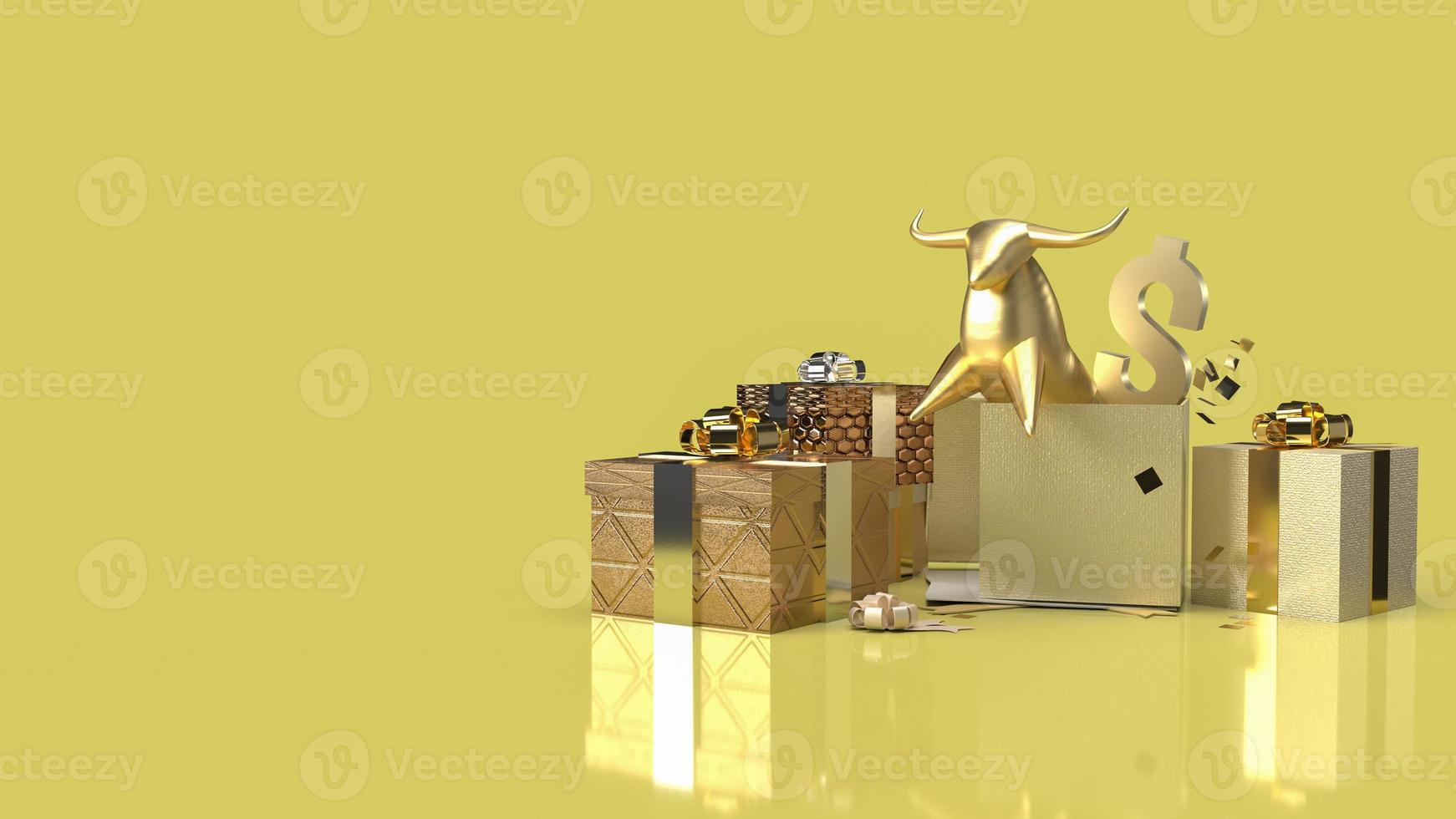 The gold bull in gift box surprise for business content 3d rendering photo