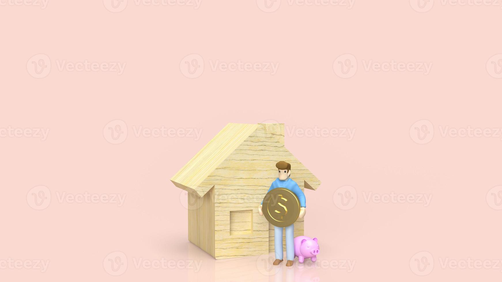 The figure man hold gold coin and wood house for property or building concept 3d rendering photo