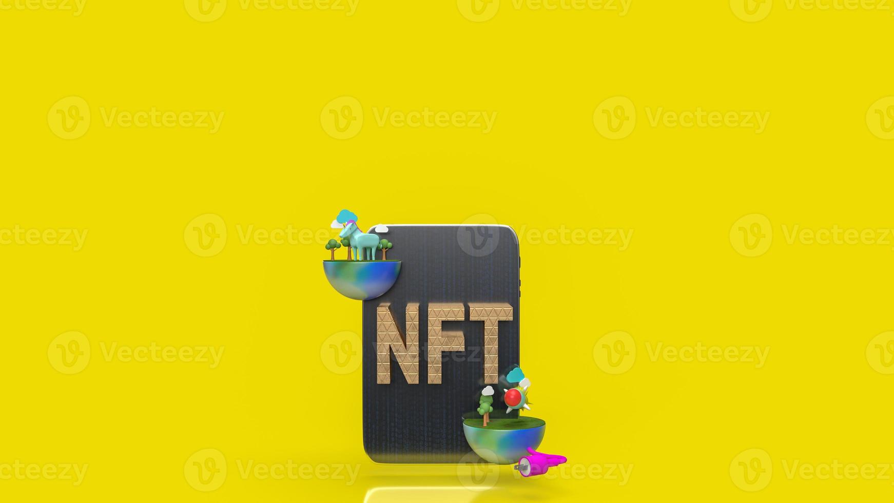 The gold nft text on tablet  yellow background  3d rendering photo