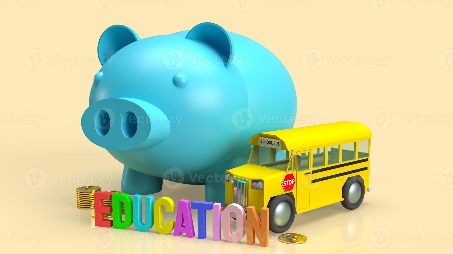 The blue piggy bank and school bus image for saving to education 3d rendering photo